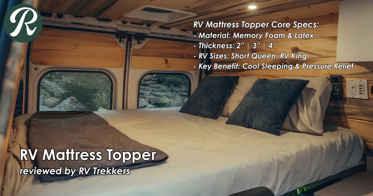 gel-infused memory foam mattress topper and sleeping comfort platform on camper van bed with RV Trekkers logo