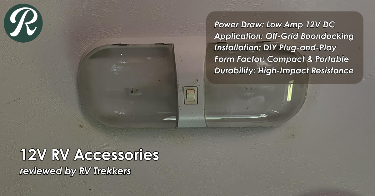 energy-efficient 12v dc gadgets and off-grid boondocking electronics setup with custom camper van interior and RV Trekkers logo