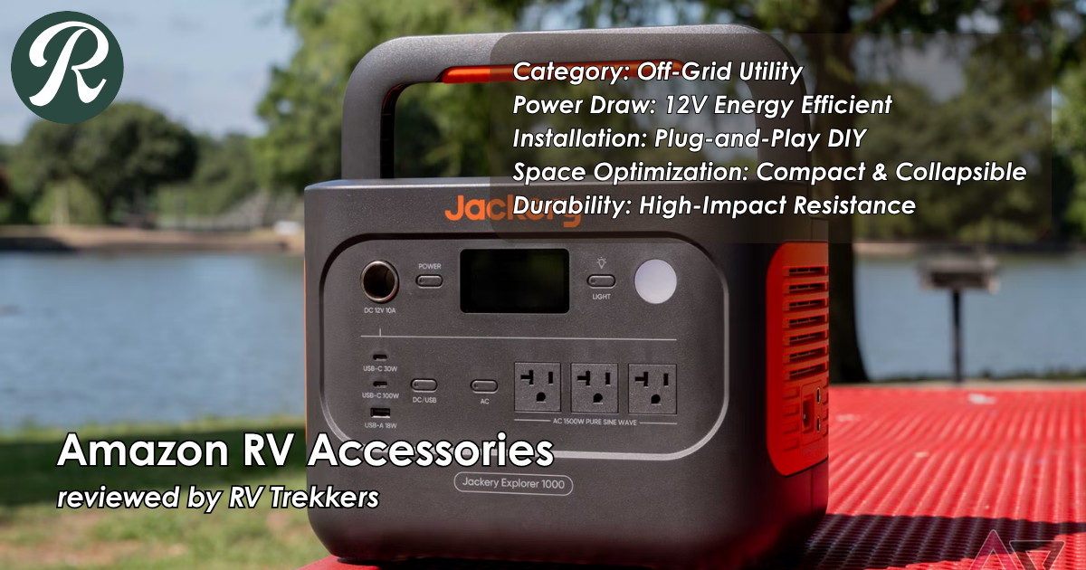 essential off-grid utility gear and 12v energy-efficient gadgets on custom camper van workbench with RV Trekkers logo