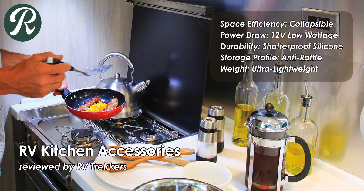 collapsible shatterproof cookware and off-grid 12v appliance setup on custom camper van galley counter with RV Trekkers logo