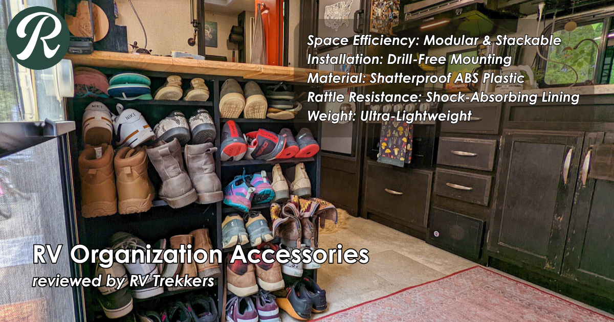 modular stackable storage bins and rattle-resistant cabinet organization setup with custom camper van interior and RV Trekkers logo