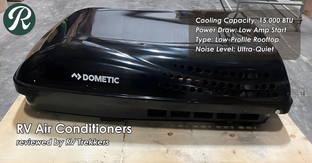 low-profile rooftop air conditioner unit and off-grid climate control setup on custom camper van roof with RV Trekkers logo