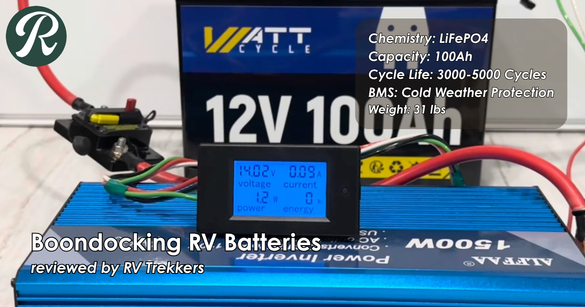 lithium iron phosphate deep cycle battery and off-grid solar power storage setup with custom camper van electrical board and RV Trekkers logo