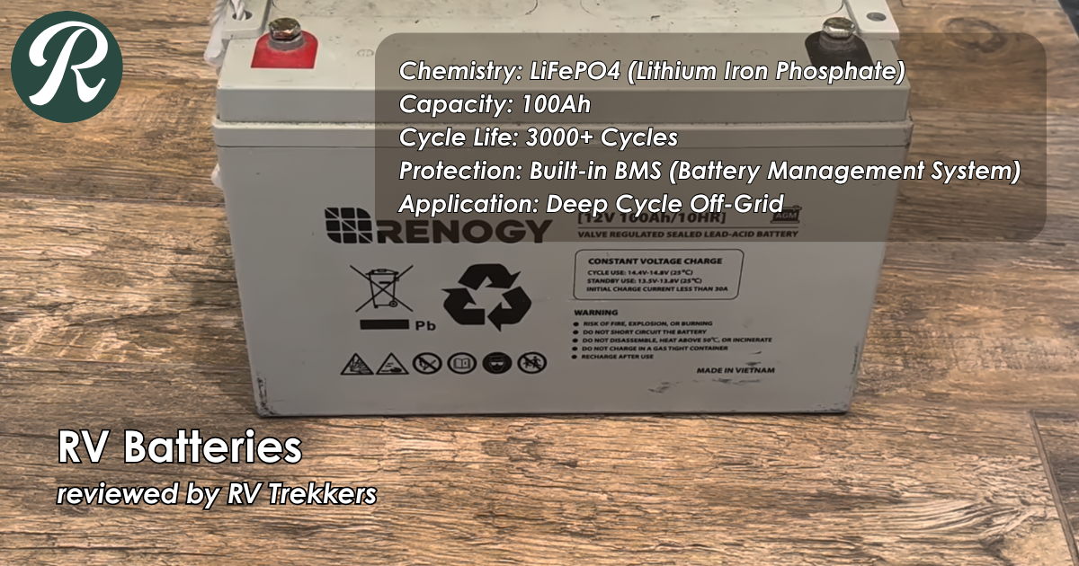 lifepo4 deep cycle battery and off-grid boondocking power storage setup with built-in bms and RV Trekkers logo