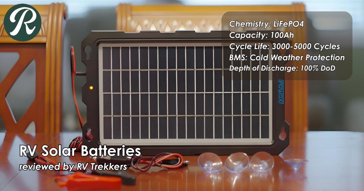 lithium iron phosphate solar battery bank and off-grid boondocking power storage setup with custom camper van electrical board and RV Trekkers logo