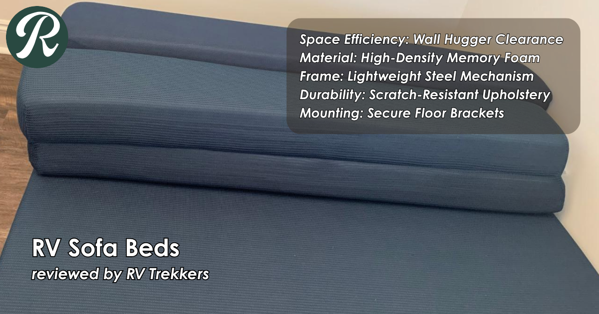 wall hugger memory foam sofa bed and off-grid camper van convertible sleeping setup with secure floor mounting brackets and RV Trekkers logo