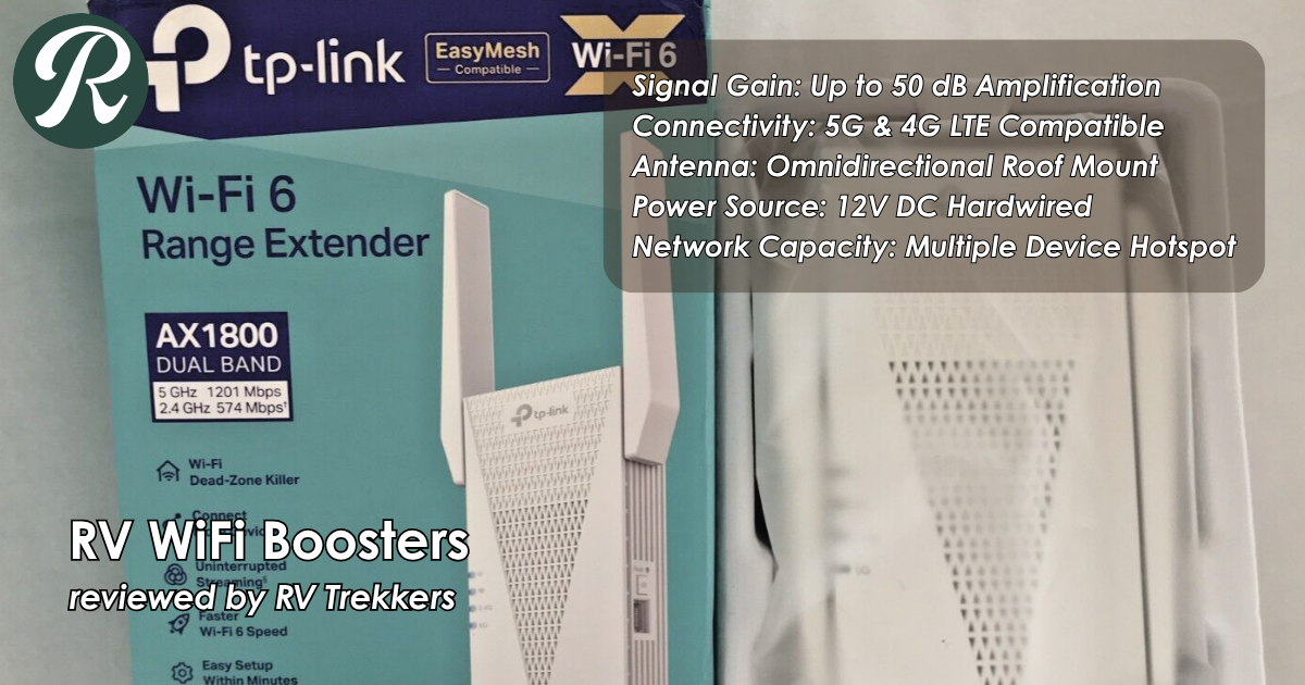 5g lte omnidirectional rv wifi booster and off-grid camper van internet connectivity signal amplification setup with 12v roof mount antenna and RV Trekkers logo