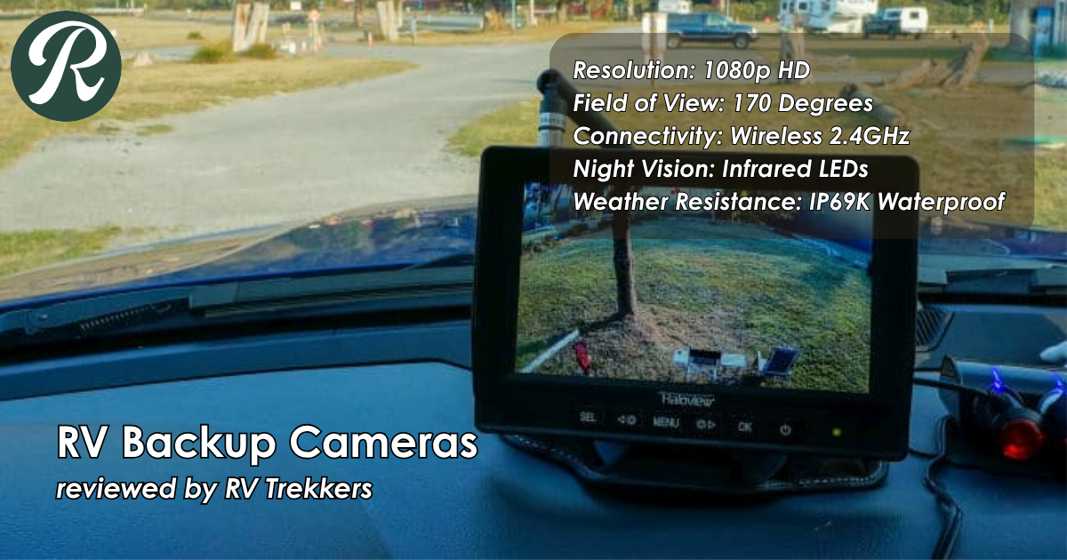 1080p hd wireless backup camera and off-grid camper van rearview monitoring setup with infrared night vision and RV Trekkers logo