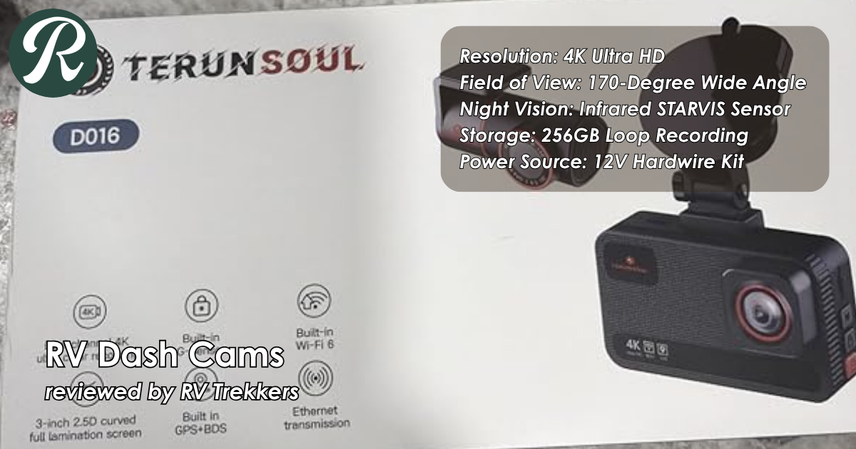 4k ultra hd rv dash cam and off-grid camper van driving safety recording setup with infrared night vision sensor and RV Trekkers logo