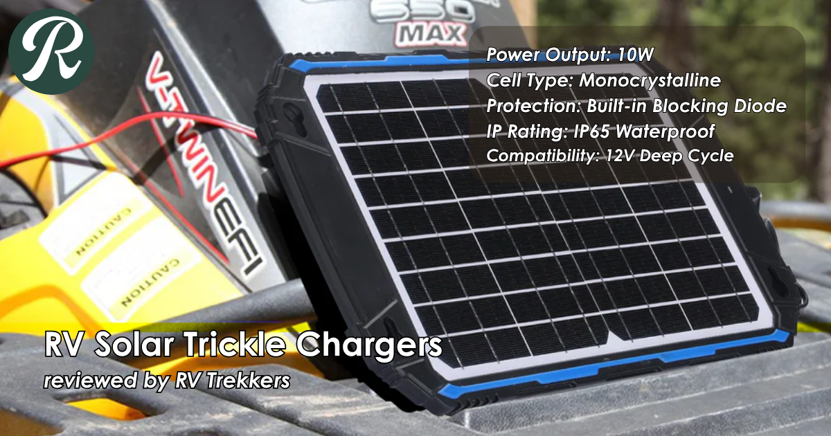 monocrystalline solar trickle charger panel and off-grid battery maintenance setup on custom camper van dashboard with RV Trekkers logo