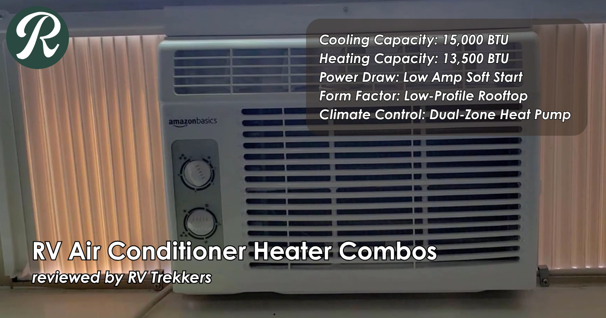 low-profile rooftop air conditioner heater combo and off-grid dual-zone climate control setup with soft start heat pump and RV Trekkers logo