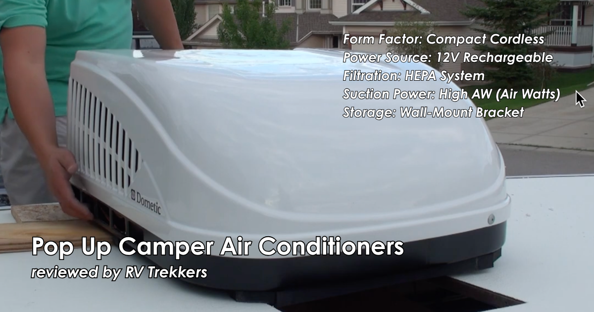 low-profile rooftop air conditioner unit and off-grid pop up camper cooling setup with custom roof vent and RV Trekkers logo
