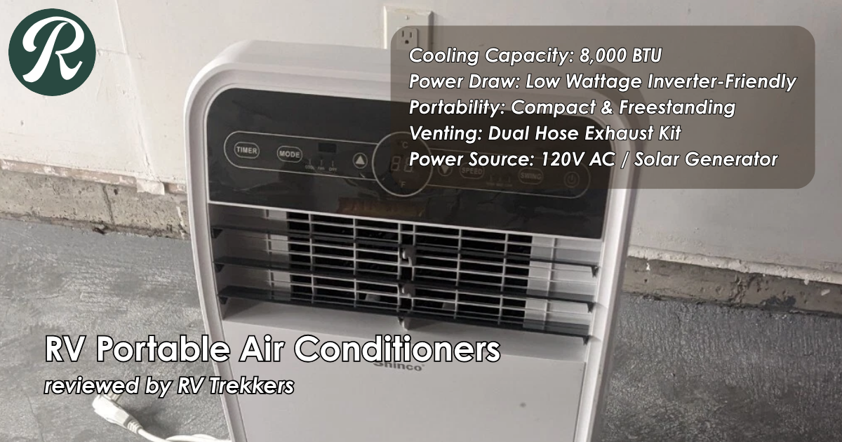compact freestanding portable air conditioner unit and off-grid camper van cabin cooling setup with dual hose exhaust venting kit and RV Trekkers logo