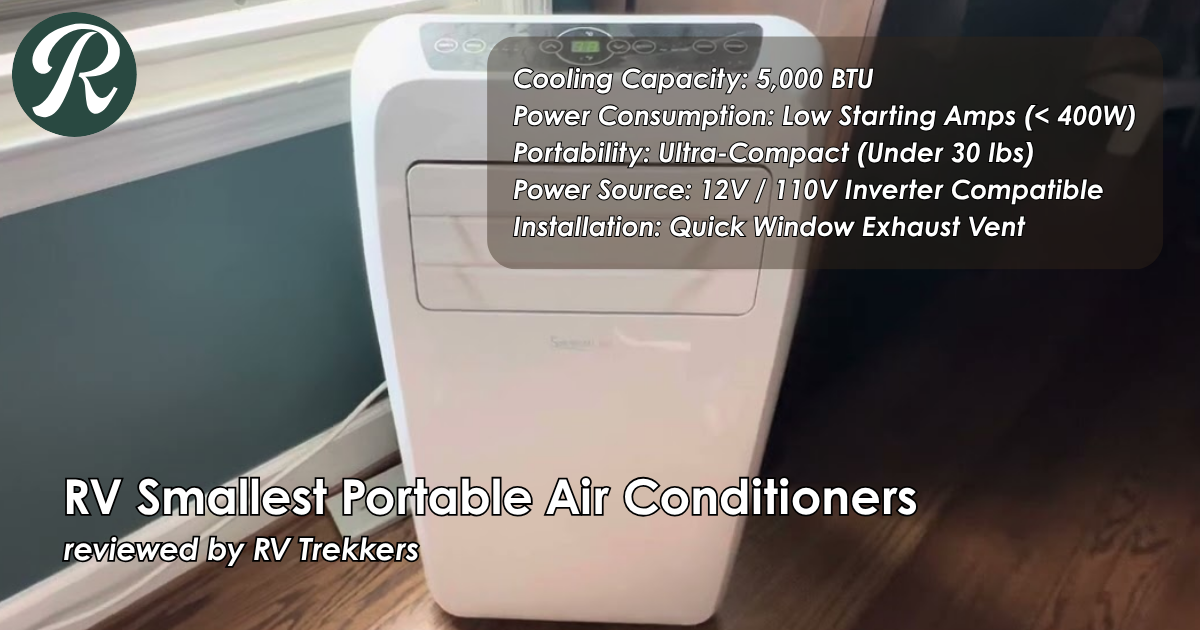 ultra-compact low amp portable rv air conditioner and off-grid camper van climate control cooling setup with window exhaust vent and RV Trekkers logo
