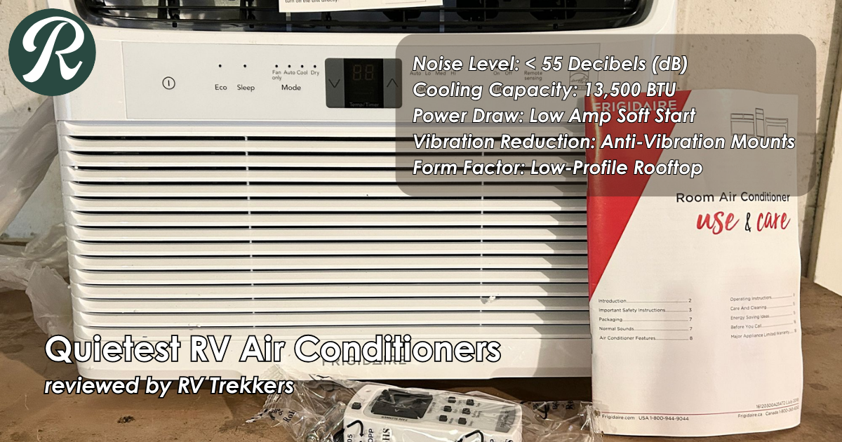 ultra-quiet low-profile rooftop air conditioner unit and off-grid camper van climate control setup with anti-vibration mounts and RV Trekkers logo