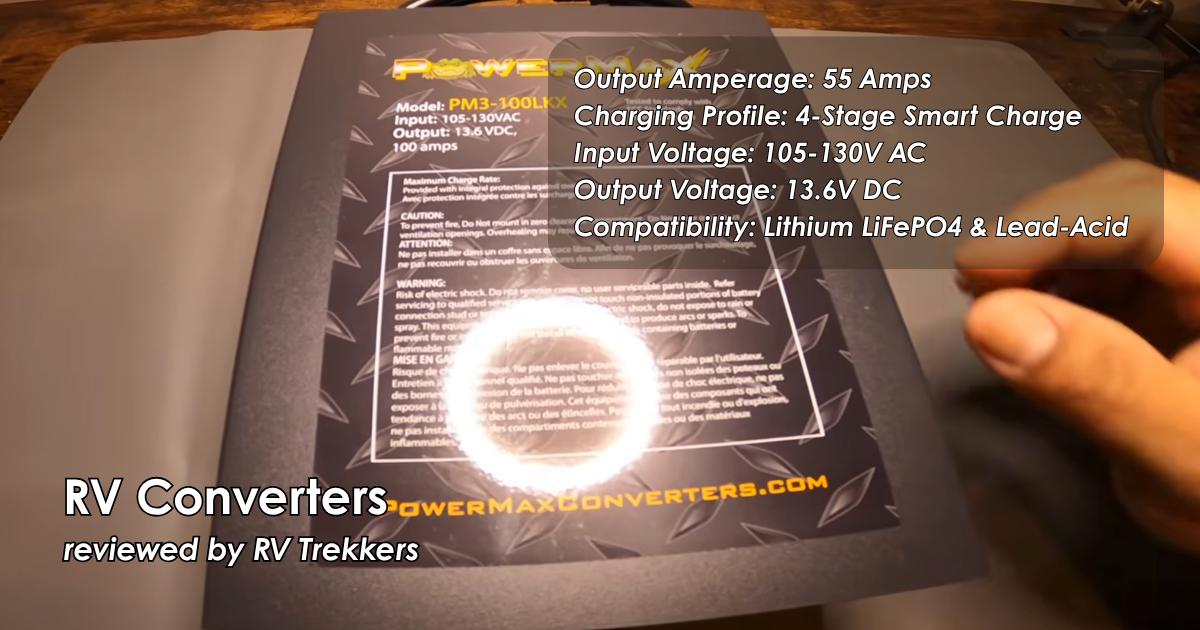 4-stage smart charging power converter and off-grid camper van 12v dc electrical setup with lithium compatibility and RV Trekkers logo