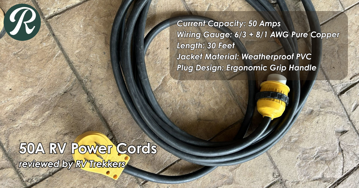 heavy duty 50 amp power cord and off-grid shore power electrical setup with custom camper van inlet and RV Trekkers logo