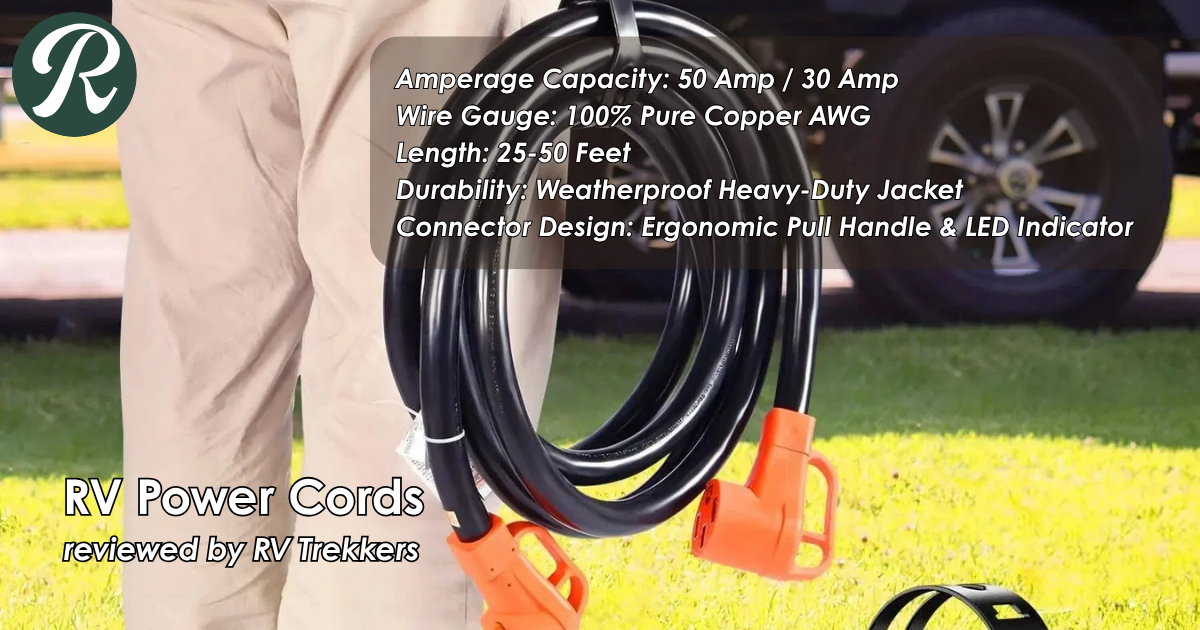 heavy-duty 50 amp pure copper rv power cord and off-grid camper van electrical shore power setup with led indicator grip handle and RV Trekkers logo