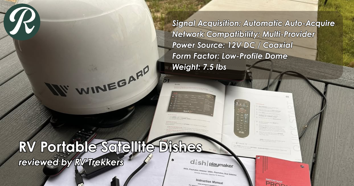 automatic portable satellite dish dome and off-grid television broadcasting setup with custom camper van roof and RV Trekkers logo