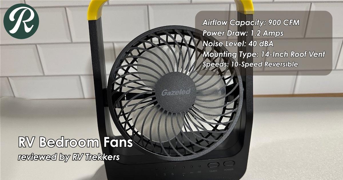 12v reversible roof vent fan and off-grid sleeping climate control setup with custom camper van ceiling and RV Trekkers logo