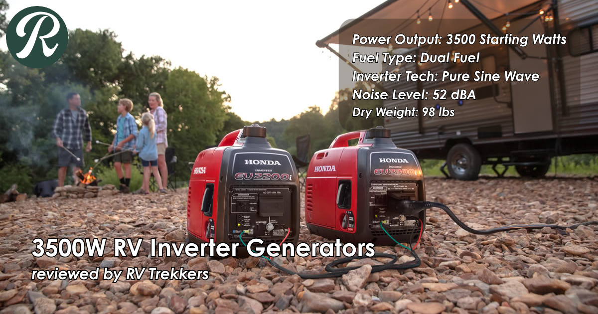 3500 watt pure sine wave inverter generator and off-grid boondocking power setup with custom camper van and RV Trekkers logo