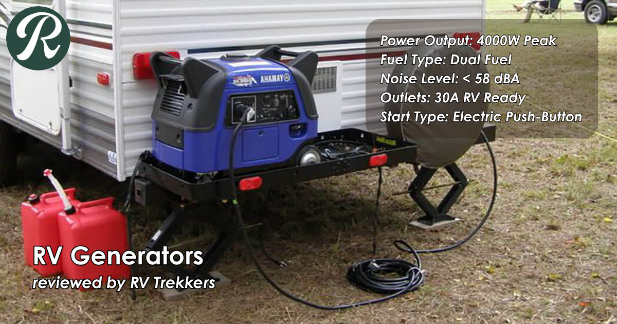 dual fuel rv ready generator and off-grid boondocking shore power setup with custom camper van exterior and RV Trekkers logo