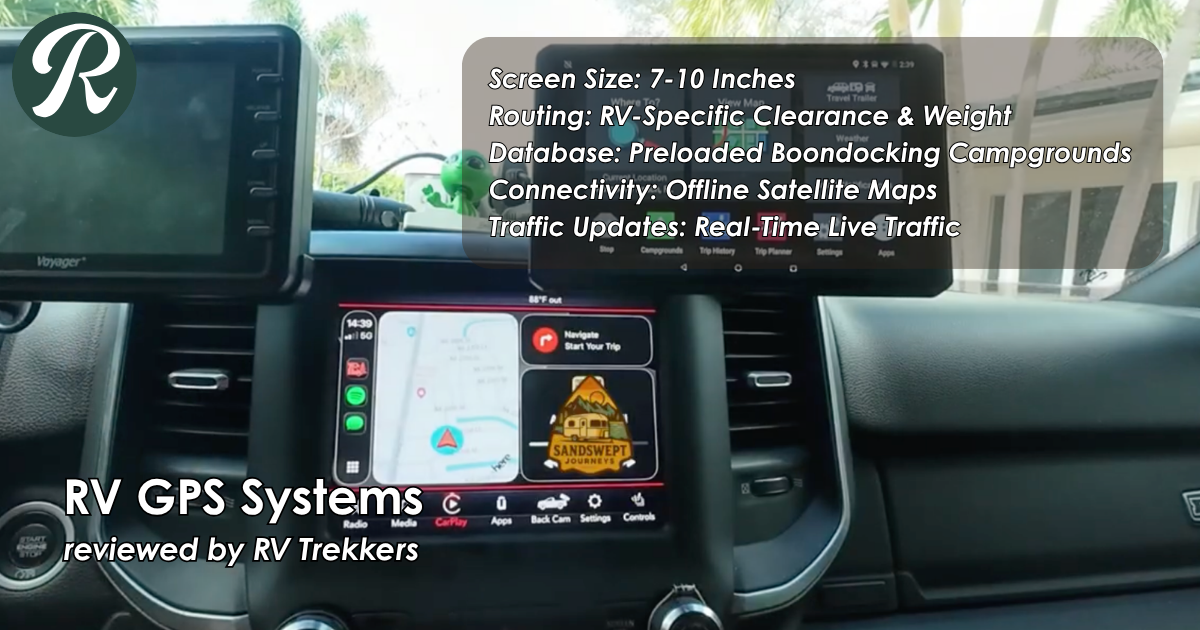 offline satellite rv gps navigation unit and off-grid camper van dashboard routing setup with custom weight clearance warnings and RV Trekkers logo