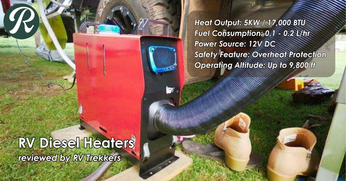 12v 5kw diesel air heater and off-grid winter boondocking climate control setup with custom camper van fuel line and RV Trekkers logo