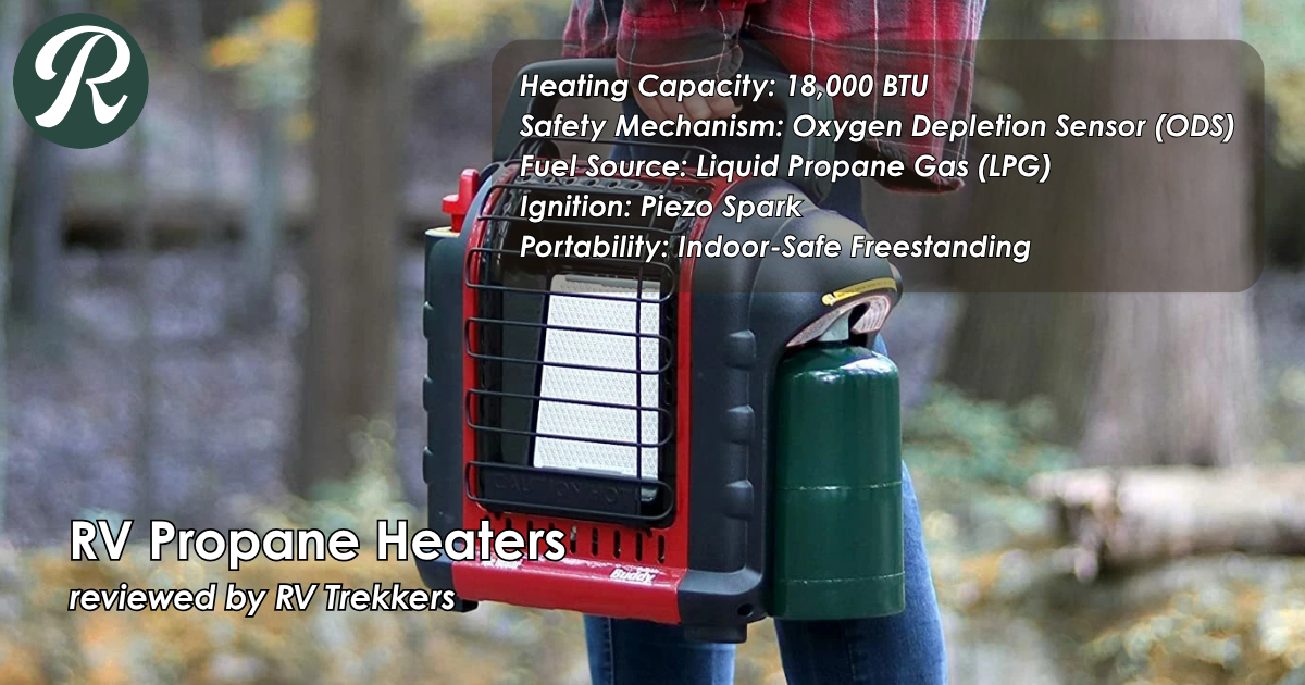 indoor-safe portable rv propane heater and off-grid camper van winter heating setup with oxygen depletion sensor and RV Trekkers logo
