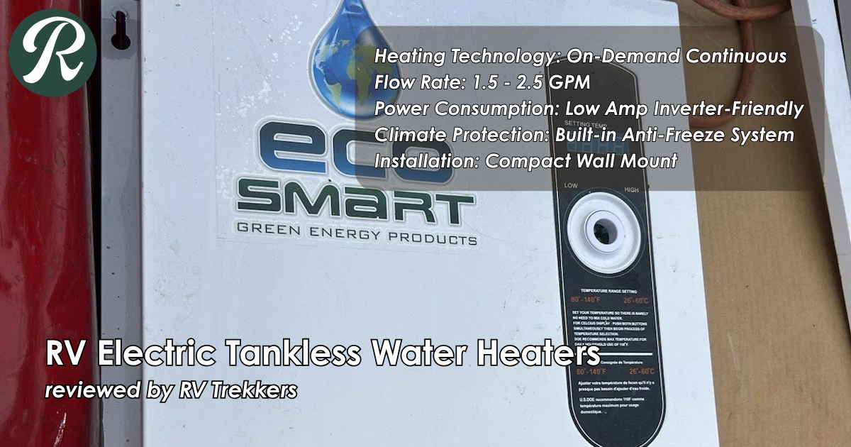 on-demand electric tankless rv water heater and off-grid camper van plumbing setup with compact wall mount and RV Trekkers logo