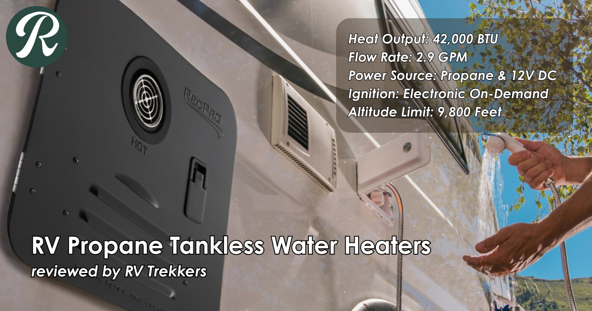 propane tankless water heater unit and off-grid continuous hot water plumbing setup on custom camper van exterior with RV Trekkers logo
