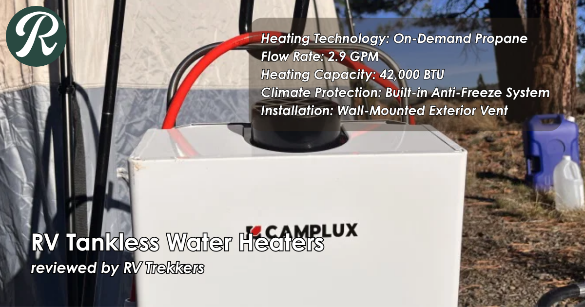 on-demand propane tankless rv water heater and off-grid camper van continuous hot water plumbing setup with anti-freeze protection system and RV Trekkers logo