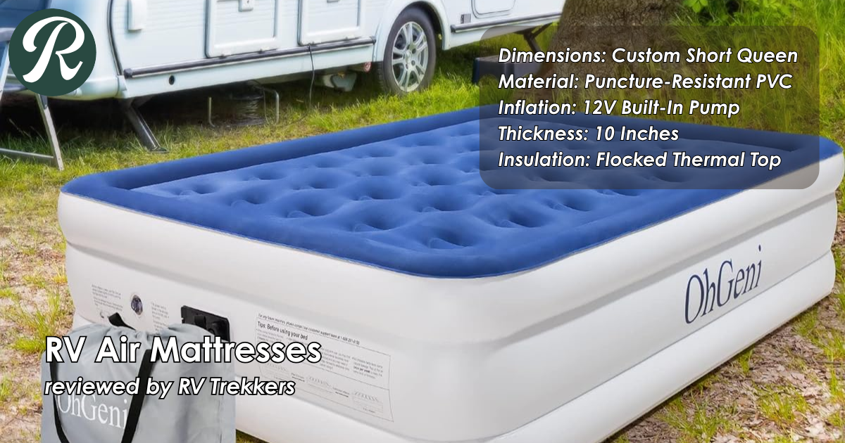 puncture-resistant 12v built-in pump air mattress and off-grid camper van sleeping setup with flocked thermal top and RV Trekkers logo