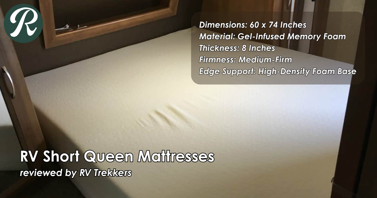 gel-infused memory foam short queen mattress and off-grid camper van sleeping setup with custom bed platform and RV Trekkers logo