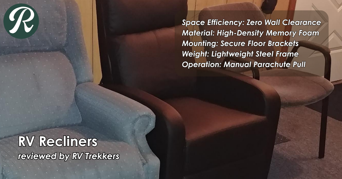 zero wall clearance manual rv recliner and off-grid camper van seating comfort setup with secure floor mounting brackets and RV Trekkers logo