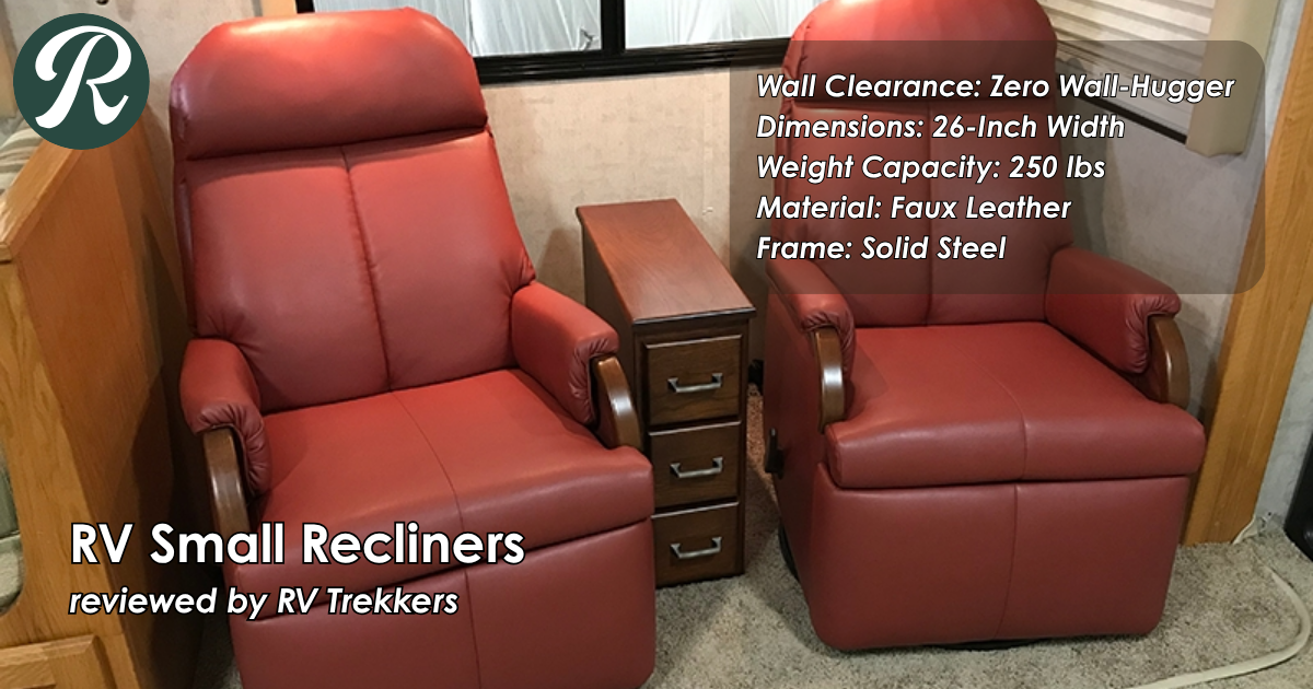 zero wall-hugger small rv recliner and off-grid camper van living room seating setup with RV Trekkers logo
