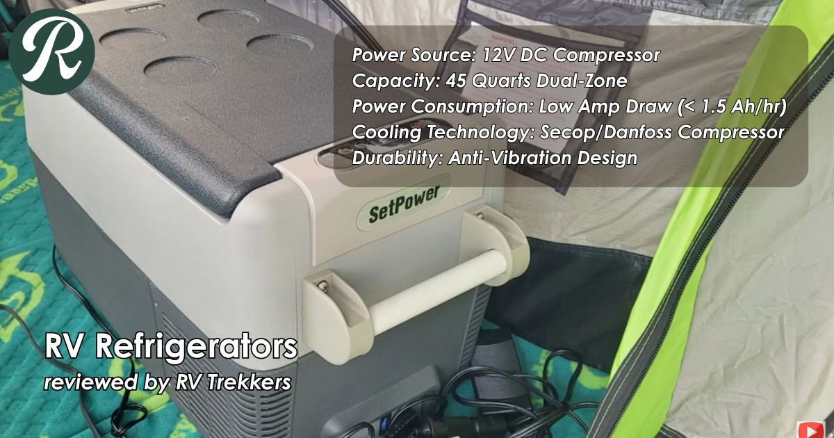 12v dc compressor rv refrigerator and off-grid camper van food storage cooling setup with anti-vibration design and RV Trekkers logo