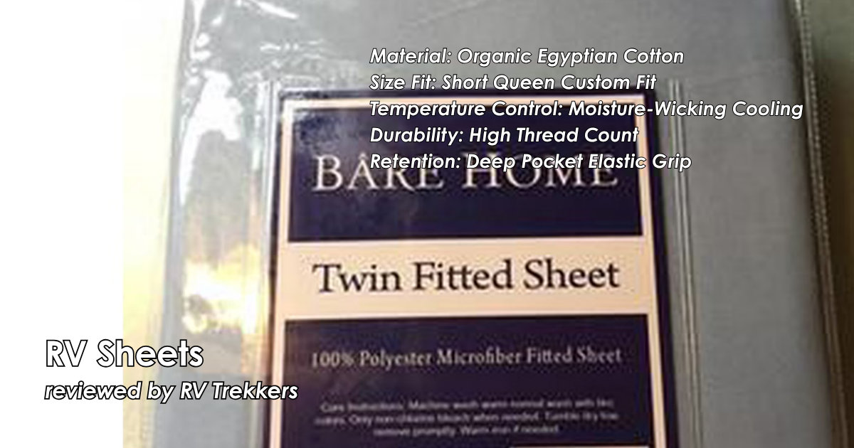 moisture-wicking organic cotton rv short queen bed sheets and off-grid camper van sleeping comfort setup with custom mattress fit and RV Trekkers logo