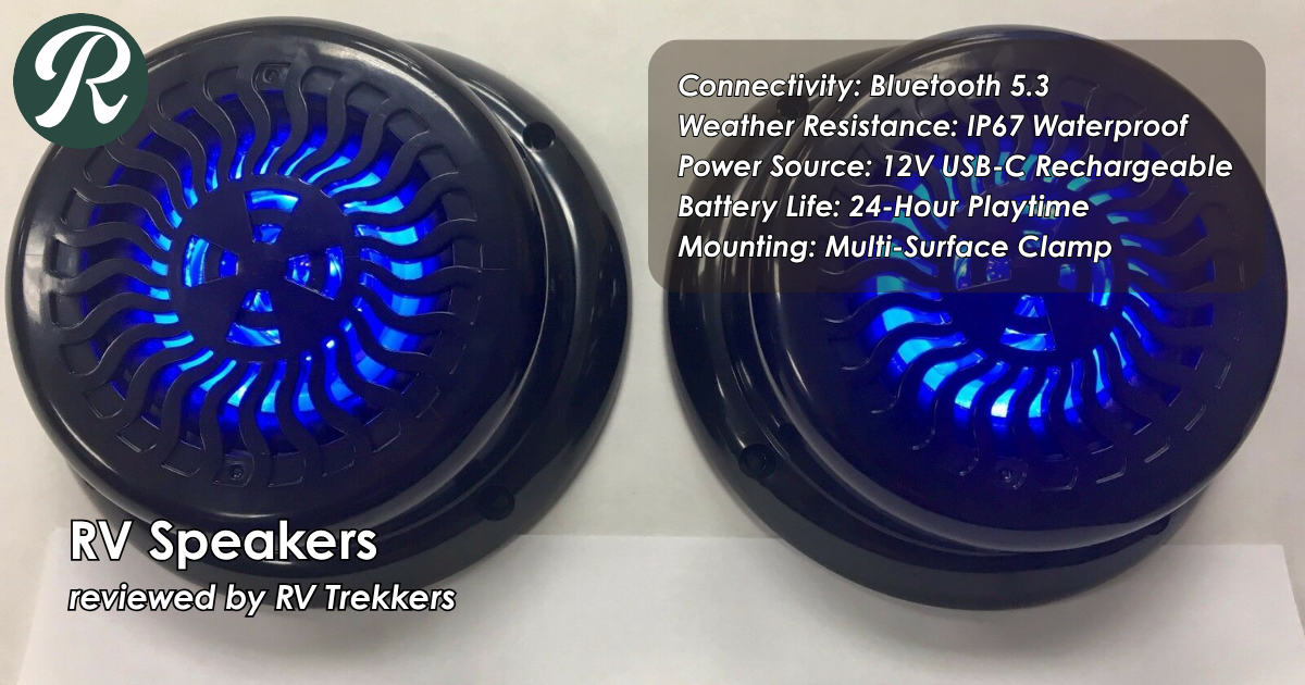 ip67 waterproof bluetooth speaker and off-grid camper van outdoor audio setup with multi-surface mounting clamp and RV Trekkers logo