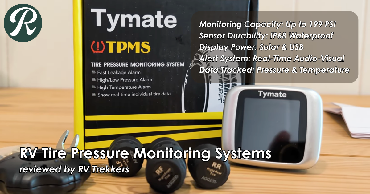 solar powered rv tire pressure monitoring system and off-grid camper van blowout prevention setup with ip68 waterproof sensors and RV Trekkers logo