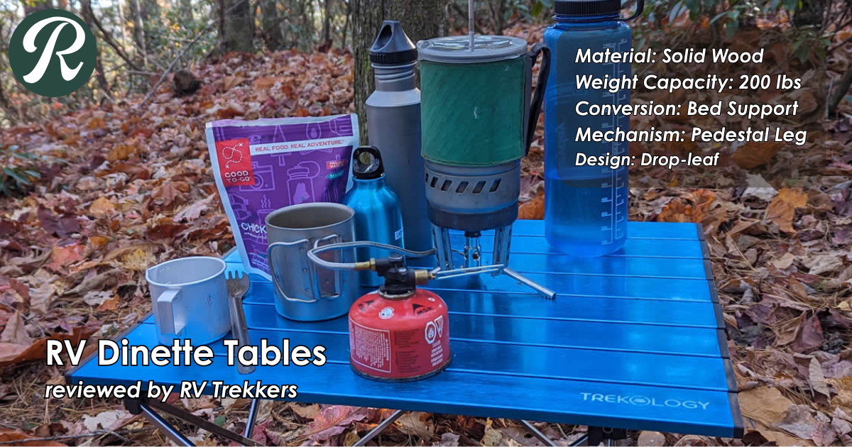 solid wood drop-leaf dinette table and off-grid camper van interior dining setup with pedestal leg and RV Trekkers logo