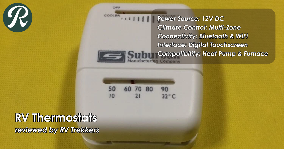 smart 12v programmable rv thermostat and off-grid multi-zone climate control setup with digital touchscreen and RV Trekkers logo