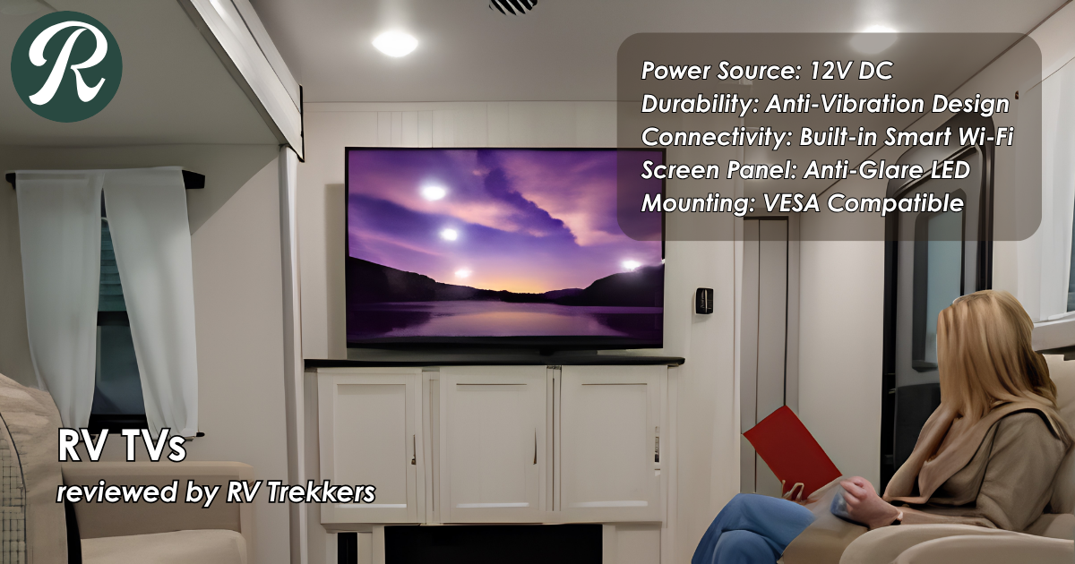 12v dc anti-vibration smart tv and off-grid camper van entertainment setup with anti-glare led screen and RV Trekkers logo