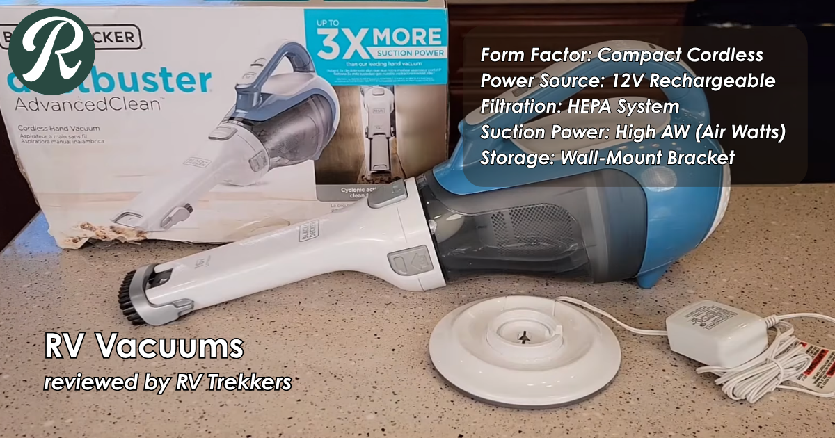compact cordless 12v vacuum cleaner and off-grid interior floor cleaning setup with custom camper van cabin and RV Trekkers logo